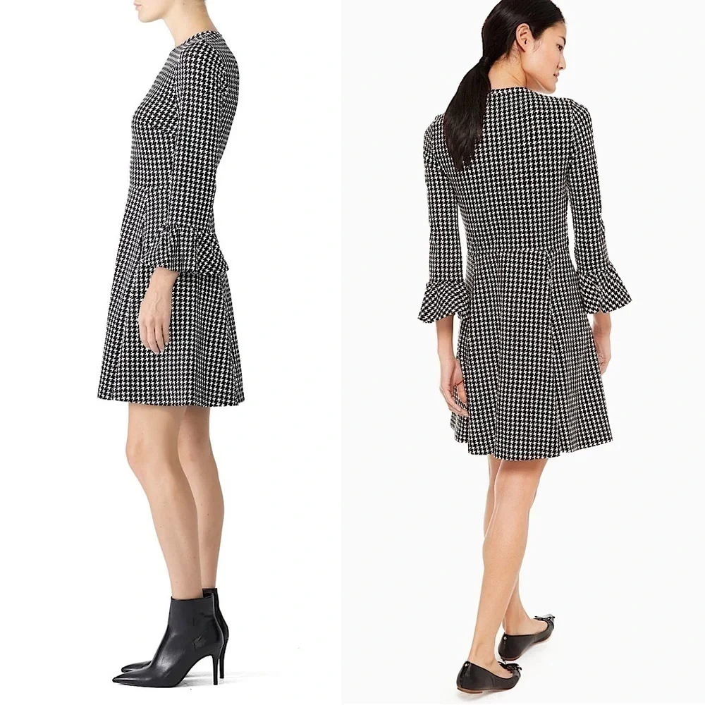 KATE SPADE Houndstooth 3/4 Ruffle Sleeves Stretch Crepe Fit & Flare Dress Size S